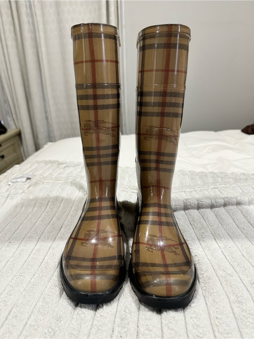 Burberry Beige Plaid Tall Women's Rain Boots